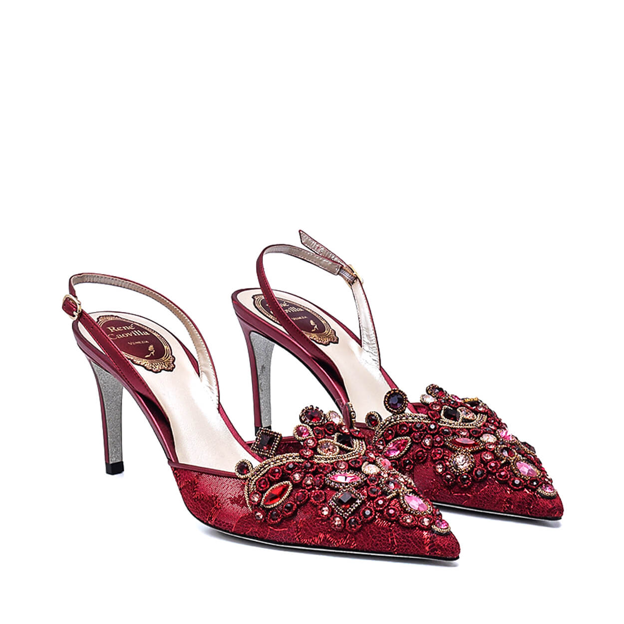 Rene Caovilla - Burgundy Crystal Embellished Lace and Leather Slingback Pumps 39